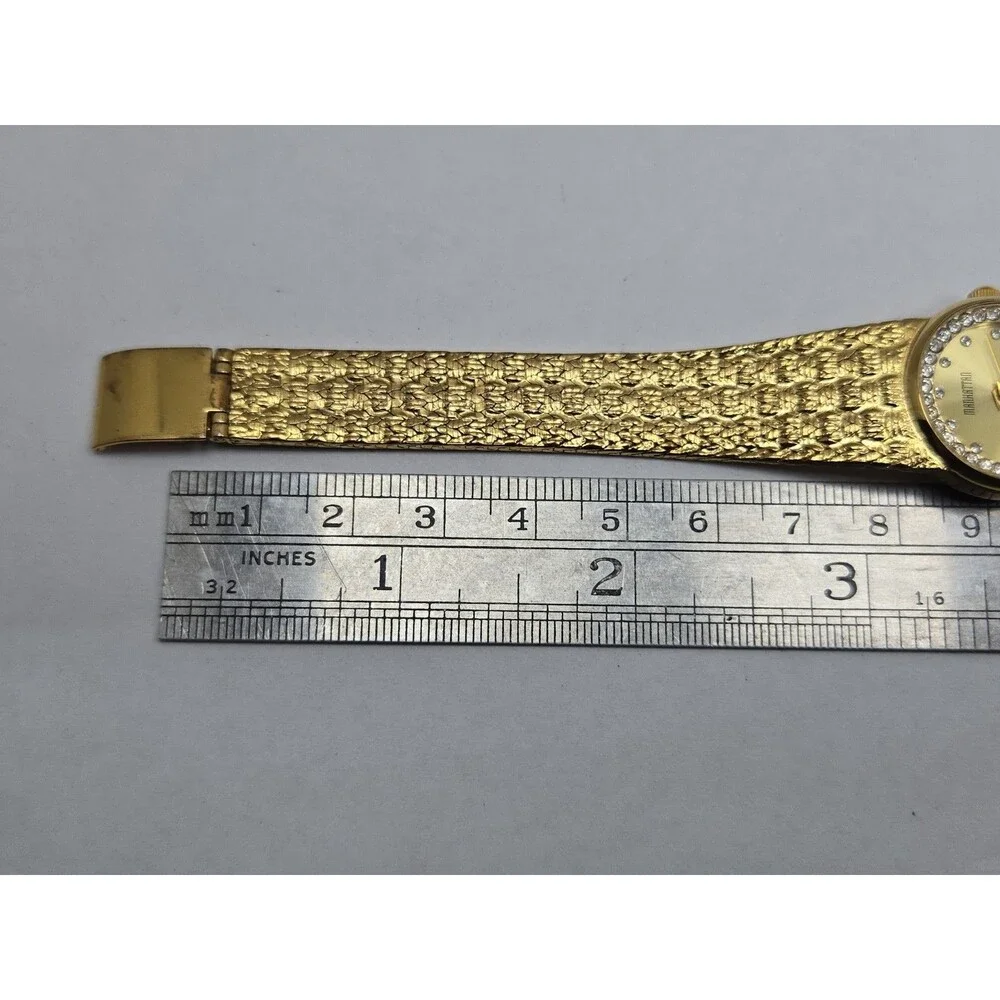 Manhattan Croton Womens Gold Tone Crystal Bezel Basket Weave Watch New Battery